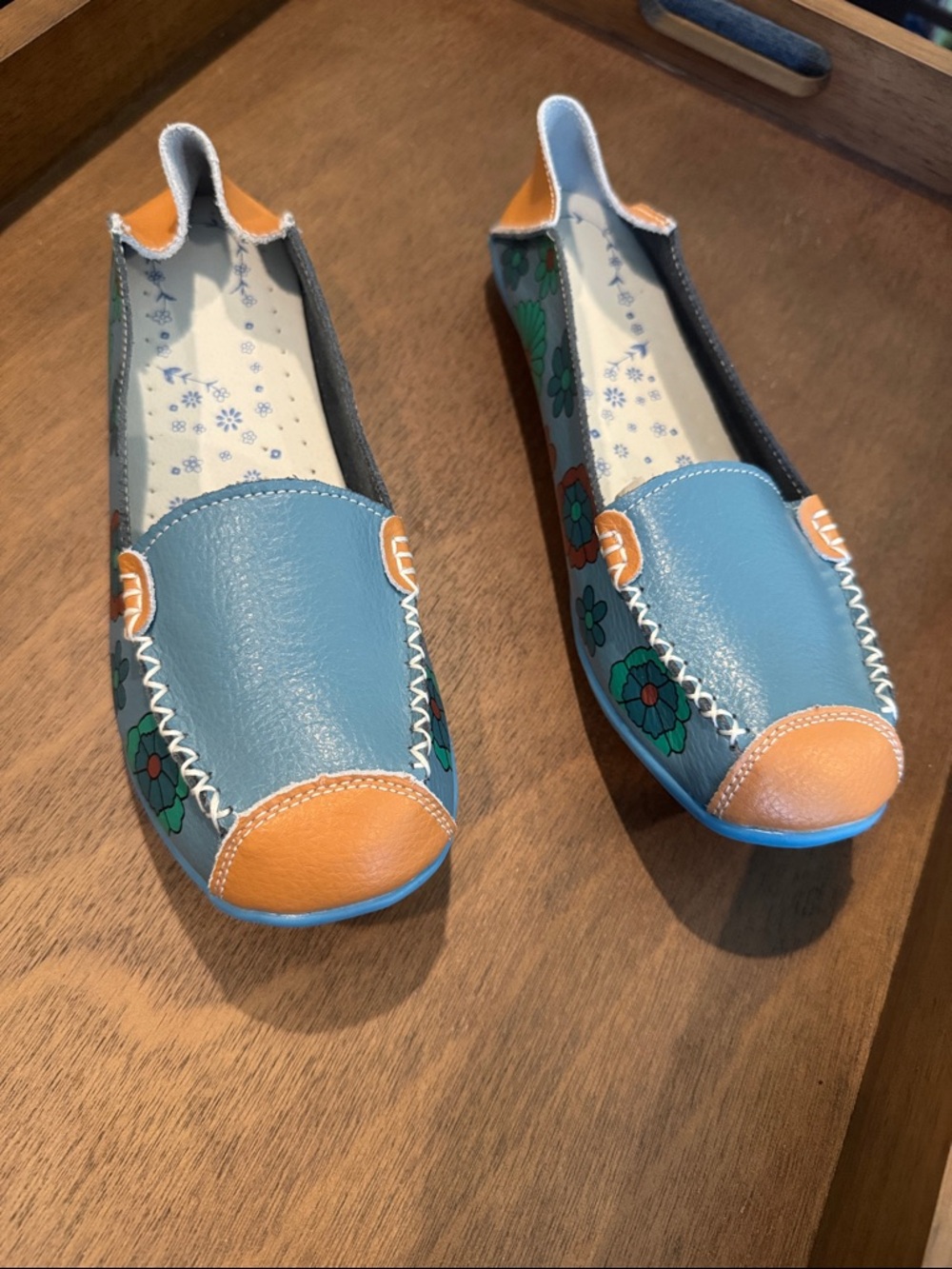 Women's Blue & Tan Floral Slip-On Moccasins